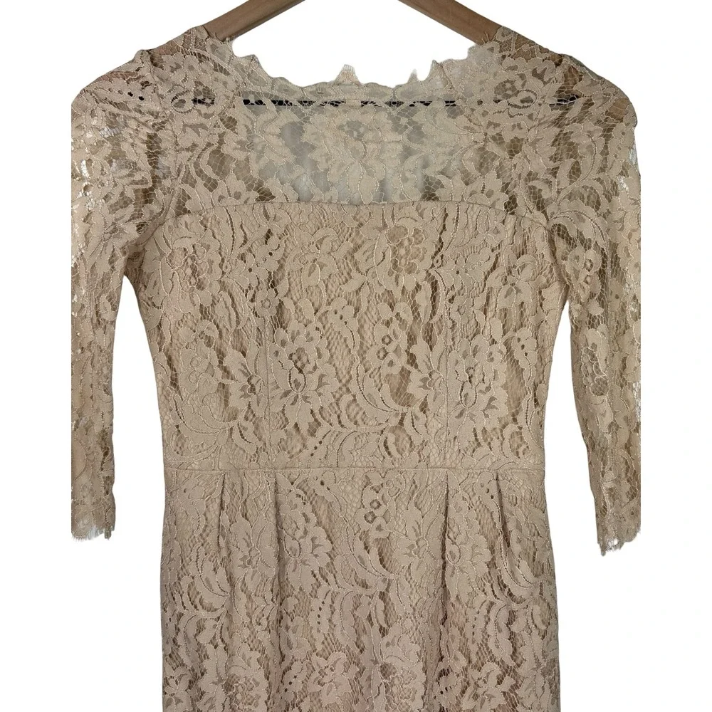 Milly of New York Champagne Floral Lace Sheath Dress Beige 3/4 Sleeve Size 0 - Picture 3 of 7